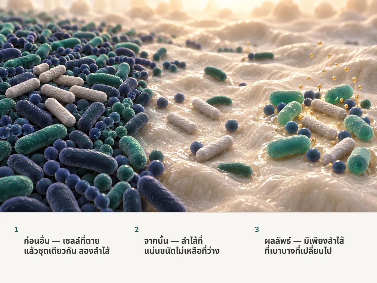 ภาพประกอบ: เซลล์รูปแท่งที่ตายแล้วชุดเดียวกันนอนอยู่เฉย ๆ บนชุมชนจุลินทรีย์ลำไส้ที่แน่นขนัด แต่กลับลงหลักในช่องว่างของชุมชนที่เบาบาง ซึ่งมีผู้อาศัยใหม่และหยดเล็ก ๆ ปรากฏขึ้น