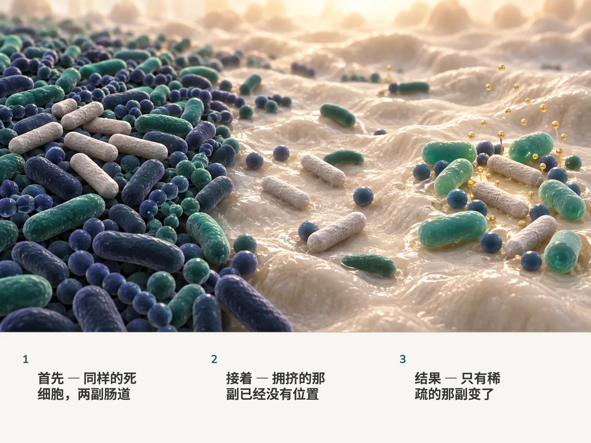 插画:同样的死杆菌细胞在拥挤的肠道群落上无人理会,却在稀疏的那个群落里落进空隙,那里冒出新的住户和细小的液滴