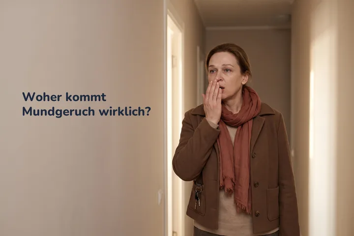 Woher kommt Mundgeruch wirklich? — eine Frau an ihrer Wohnungstür haucht in die hohle Hand