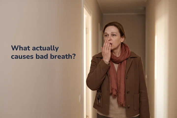 What actually causes bad breath? — a woman at her own front door breathes into a cupped hand