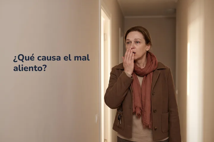 ¿Qué causa el mal aliento? — una mujer en la puerta de su casa echa el aliento en la mano ahuecada