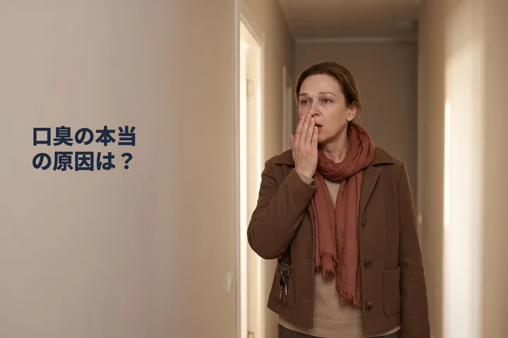 口臭の本当の原因は？ — 女性が自宅の玄関先で、丸めた手に息を吹きかけている
