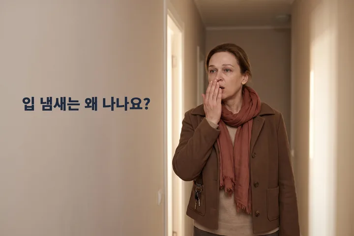 입 냄새는 왜 나나요? — 한 여자가 자기 집 현관에서 손을 오므려 입김을 불어 본다