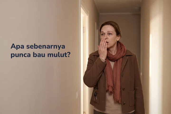 Apa sebenarnya punca bau mulut? — seorang wanita di pintu rumahnya sendiri menghembus nafas ke tapak tangan