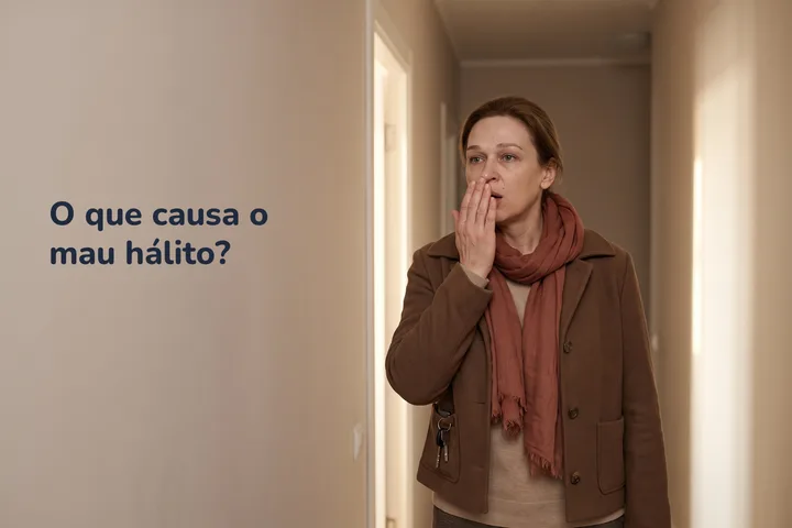 O que causa o mau hálito? — uma mulher na porta de casa sopra o hálito na mão em concha