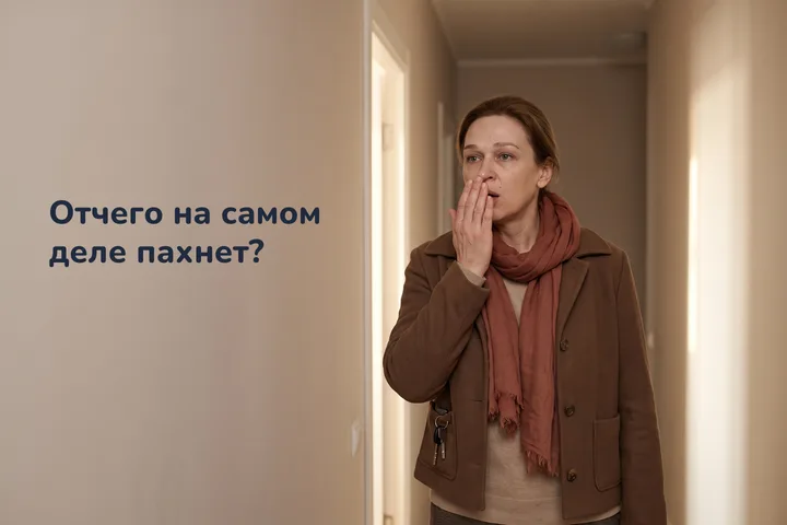 Отчего на самом деле пахнет? — женщина у своей двери дышит в сложенную ладонь утром