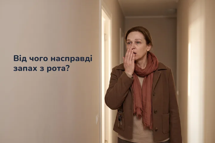 Від чого насправді запах з рота? — жінка біля власних вхідних дверей дихає в складену долоню
