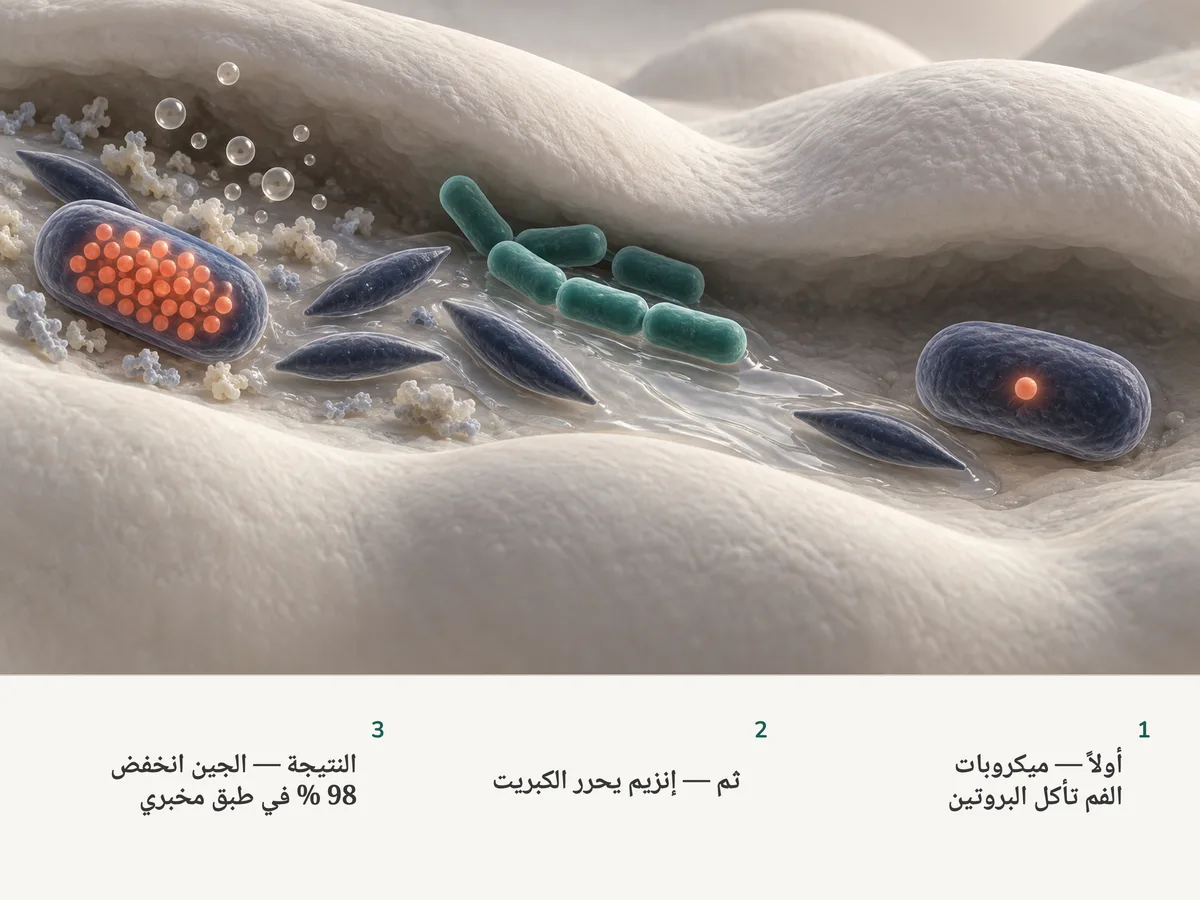 رسم توضيحي: بكتيريا الفم اللاهوائية مليئة بإنزيمات تقطع الكبريت وتطلق فقاعات دقيقة؛ ثم يغمرها سائل من بكتيريا حمض اللاكتيك فتكاد الإنزيمات تختفي