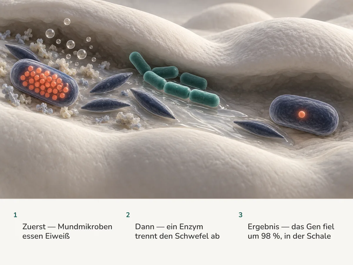 Illustration: Anaerobier des Mundes voller schwefelabspaltender Enzyme geben winzige Bläschen ab; Flüssigkeit von Milchsäurebakterien spült darüber, und die Enzyme verschwinden fast