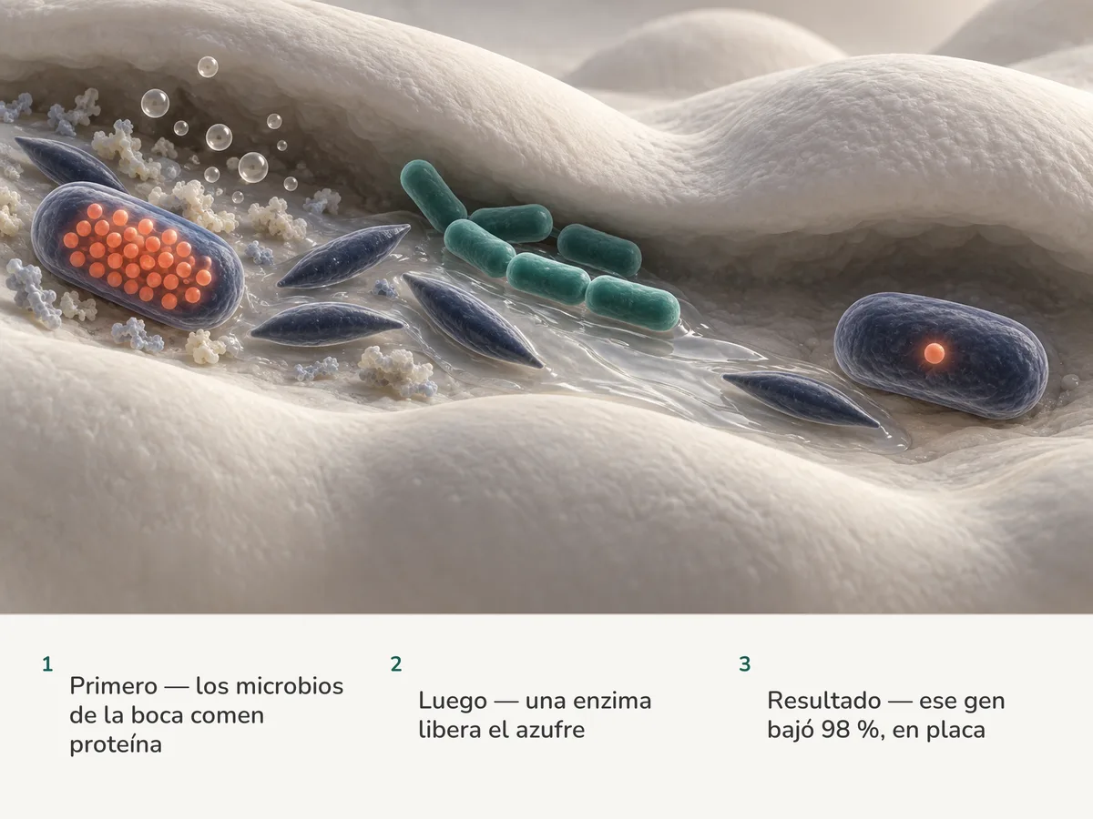 Ilustración: anaerobios de la boca llenos de enzimas que cortan azufre sueltan burbujitas; el líquido de unas bacterias lácticas los baña y las enzimas casi desaparecen
