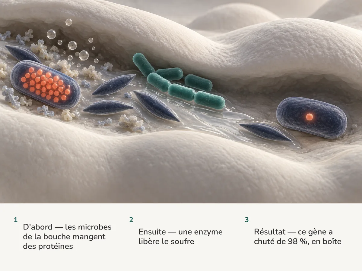 Illustration : des anaérobies de la bouche remplies d'enzymes qui coupent le soufre dégagent de minuscules bulles ; un liquide issu de bactéries lactiques les recouvre et les enzymes disparaissent presque