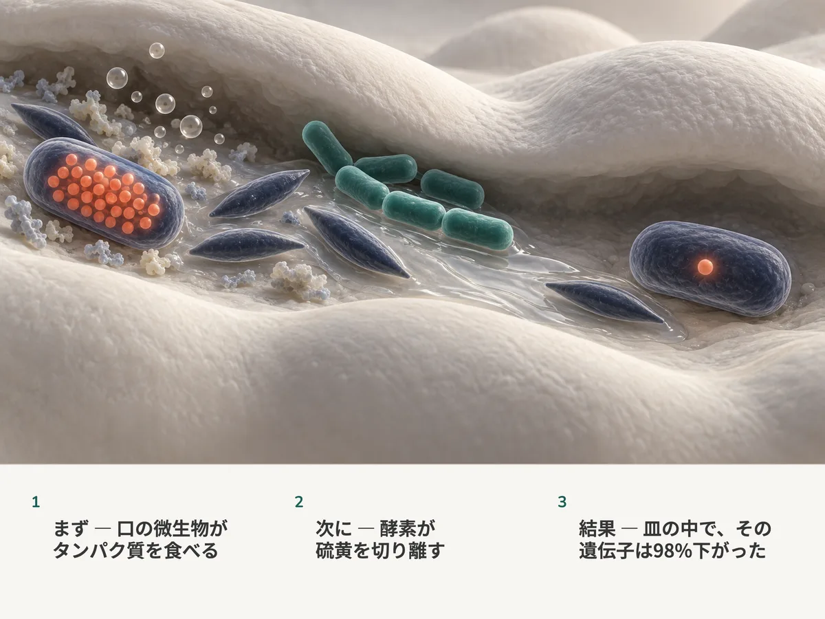 イラスト：硫黄を切り出す酵素で満たされた口の嫌気性菌が小さな泡を放つ。乳酸菌の液が流れてくると、その酵素がほとんど消えていく