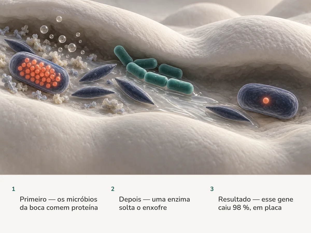 Ilustração: anaeróbios da boca cheios de enzimas que cortam enxofre soltam bolhinhas; o líquido de bactérias lácticas passa por cima e as enzimas quase somem