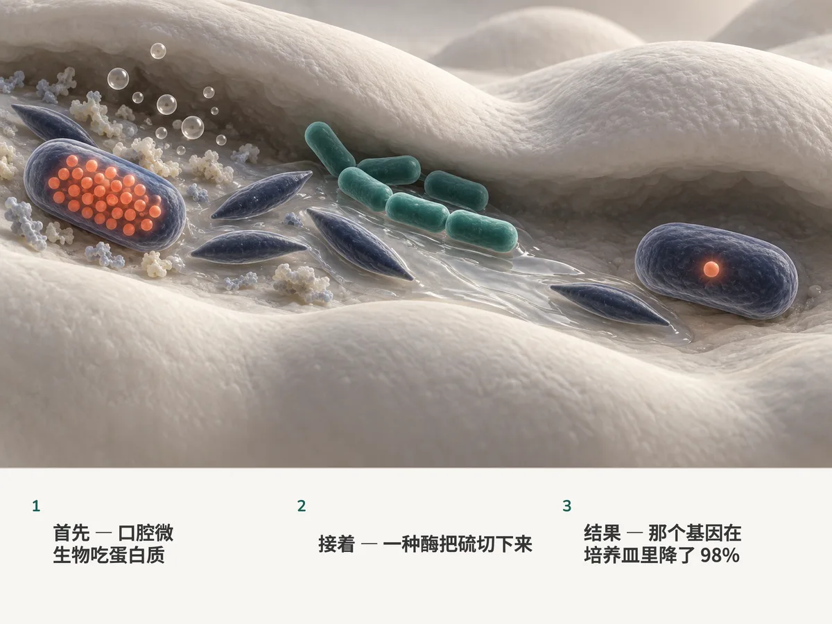 插画：口腔厌氧菌体内塞满切割硫的酶，不断放出细小气泡；来自乳酸菌的液体冲刷过来，那些酶几乎消失