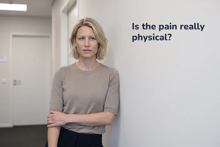 Is the pain really physical? — a woman stops in an office corridor, a forearm pressed across her middle