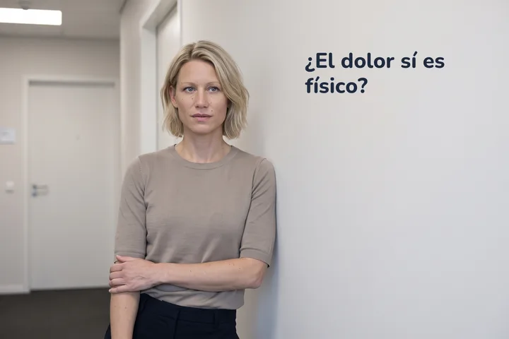 ¿El dolor sí es físico? — una mujer se detiene en el pasillo de la oficina con el antebrazo cruzado sobre el vientre