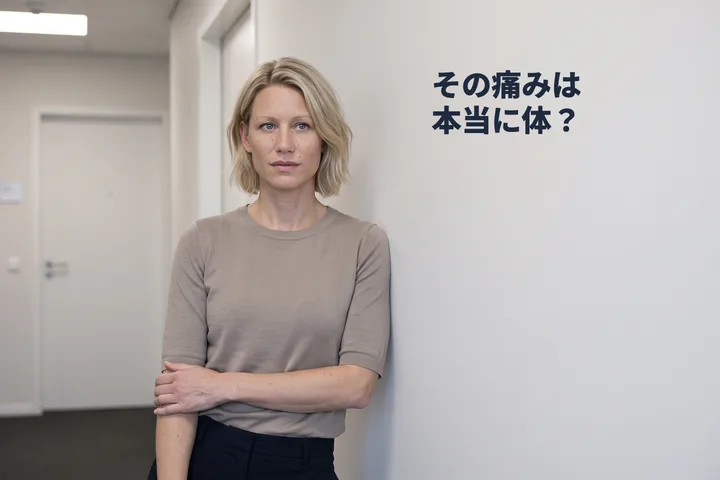 その痛みは本当に体？ — 女性がオフィスの廊下で足を止め、前腕をおなかに押し当てている