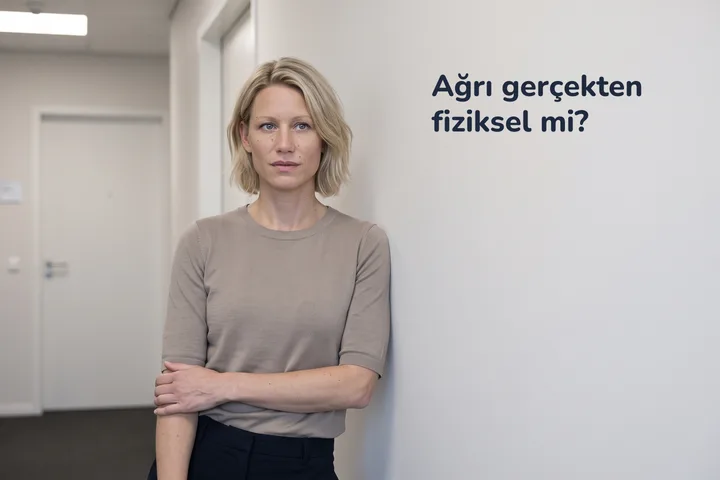 Ağrı gerçekten fiziksel mi? — bir kadın ofis koridorunda duruyor, kolunu karnına bastırmış