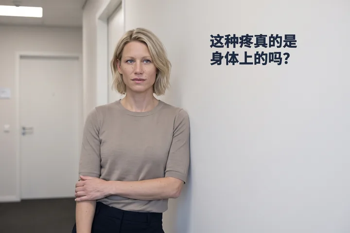 这种疼真的是身体上的吗? — 一位女性在办公室走廊里停下来,一只前臂横压在腹部