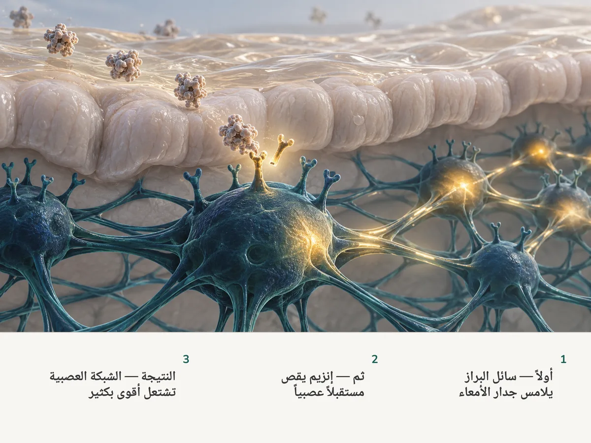 رسم توضيحي: غشاء سائل كهرماني رقيق يستقر على بطانة الأمعاء؛ إنزيم يقص مستقبلاً على خلية عصبية فتضيء وتوقظ عقد الشبكة العصبية حولها