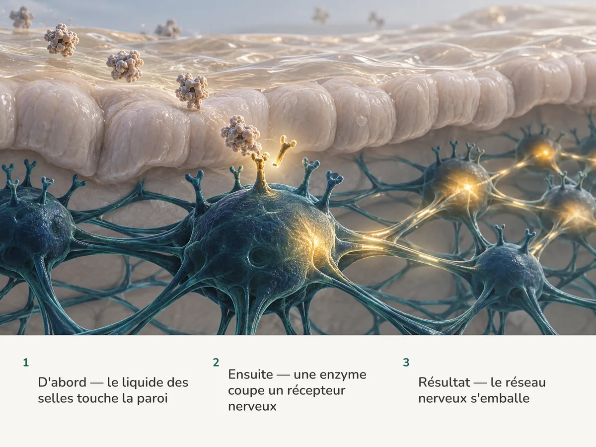 Illustration : un mince film de liquide ambré se dépose sur la muqueuse intestinale ; une enzyme sectionne un récepteur sur une cellule nerveuse, qui s'allume et réveille les nœuds du réseau autour d'elle