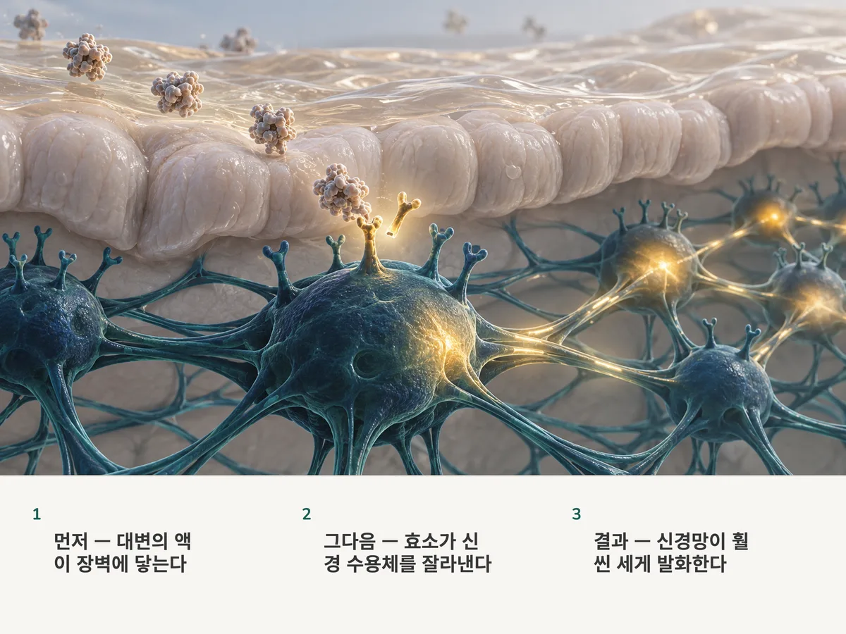 일러스트: 얇은 호박빛 액의 막이 장 점막에 내려앉고, 효소 하나가 신경세포의 수용체를 잘라내자 그 세포가 켜지며 둘레 신경망의 매듭들을 깨운다