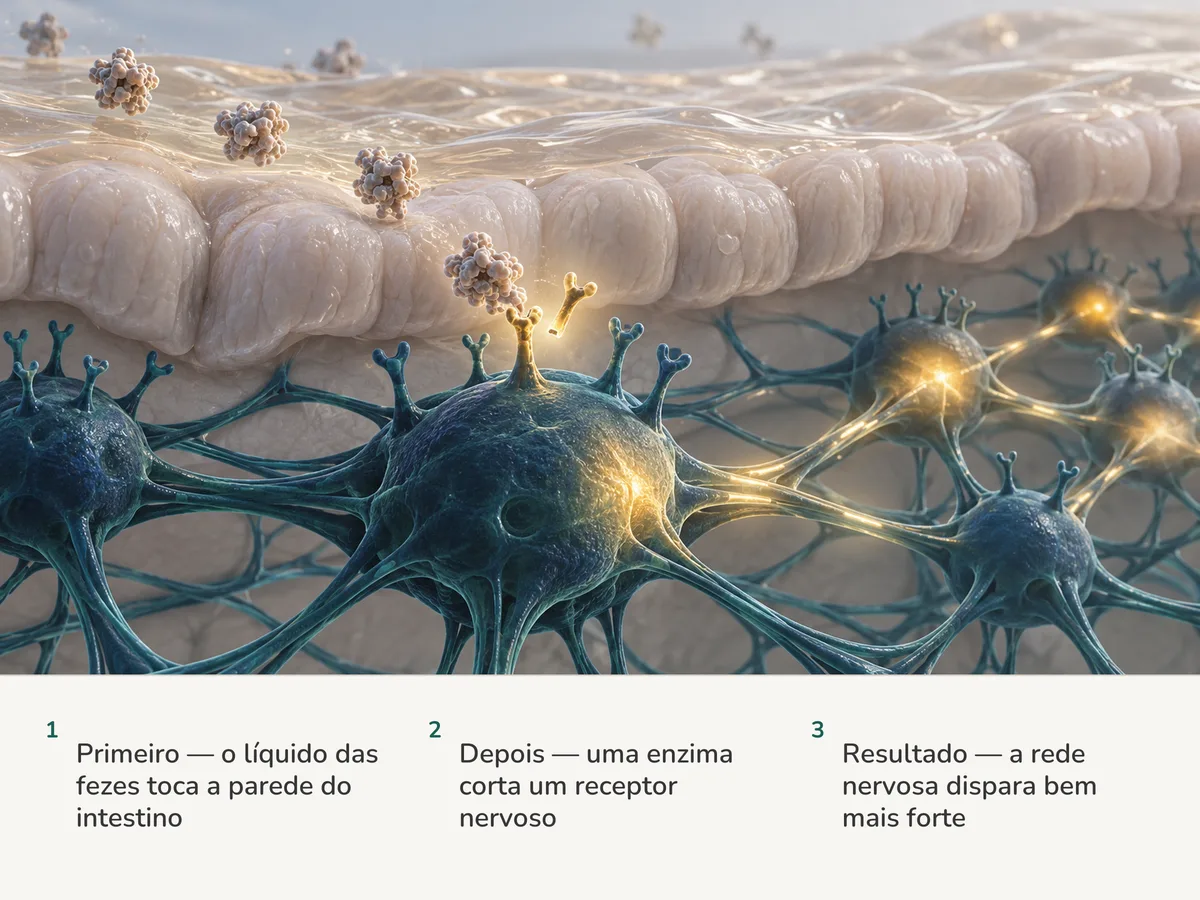 Ilustração: uma película fina de líquido âmbar se deposita na mucosa do intestino; uma enzima corta um receptor de uma célula nervosa, que se acende e desperta os nós da rede nervosa ao redor