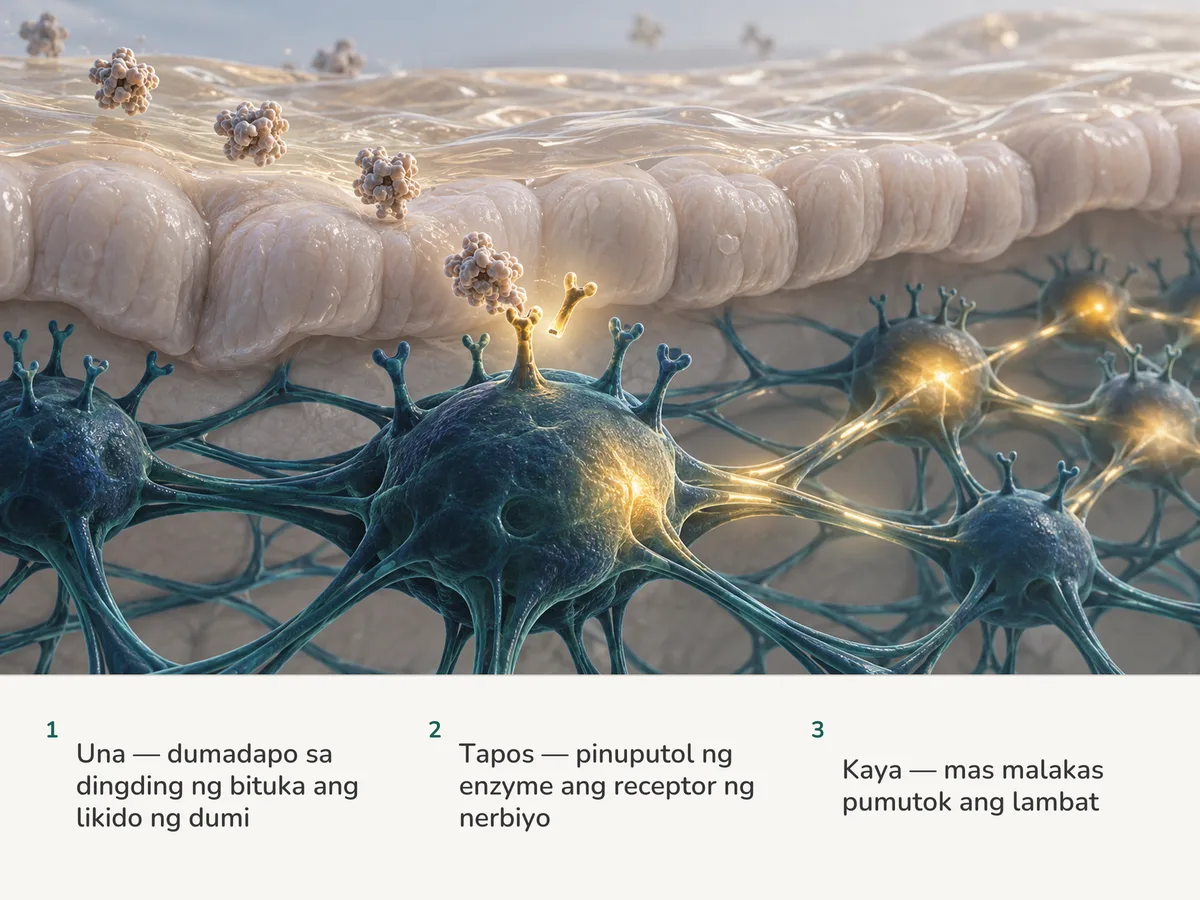Ilustrasyon: dumadapo ang manipis na amber na pelikula ng likido sa lining ng bituka; may enzyme na pumuputol ng receptor sa isang selula ng nerbiyo, na nagliliwanag at ginigising ang mga buhol ng lambat ng nerbiyo sa paligid nito