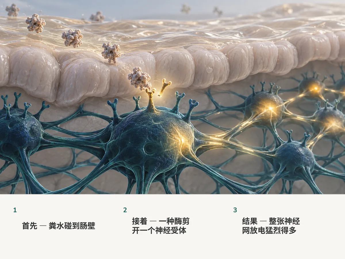 插画：一层薄薄的琥珀色液膜落在肠壁上；一种酶剪开一个神经细胞上的受体，它亮了起来，唤醒周围整张神经网的结点