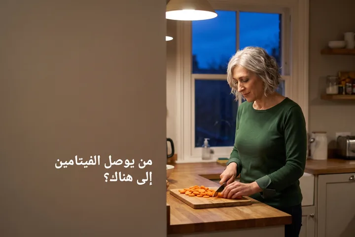 من يوصل الفيتامين إلى هناك؟ — امرأة تقطّع الجزر على طاولة مطبخها تحت مصباح مسائي