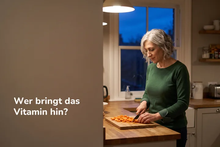 Wer bringt das Vitamin hin? — eine Frau schneidet am Küchentisch Karotten unter einer Abendlampe