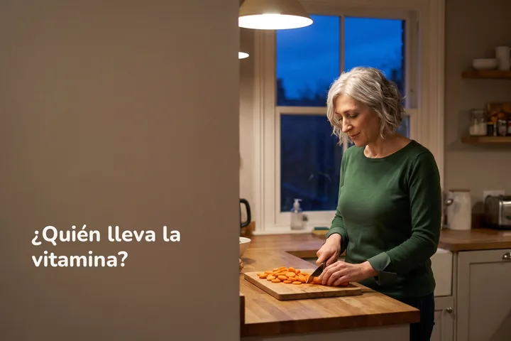 ¿Quién lleva la vitamina? — una mujer corta zanahorias en la barra de su cocina bajo una lámpara nocturna