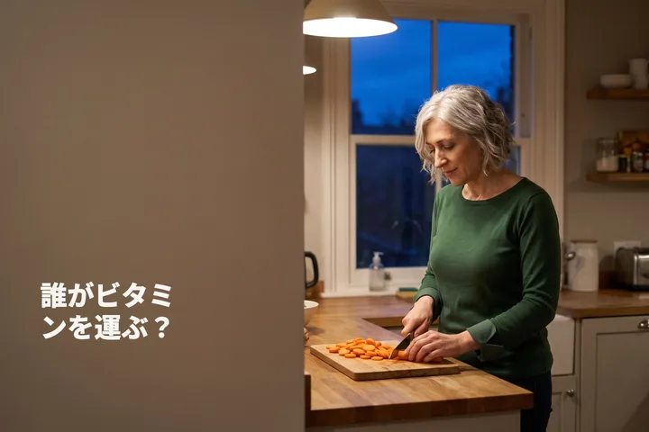誰がビタミンを運ぶ？ — 夜のランプの下、女性がキッチンカウンターでにんじんを切っている