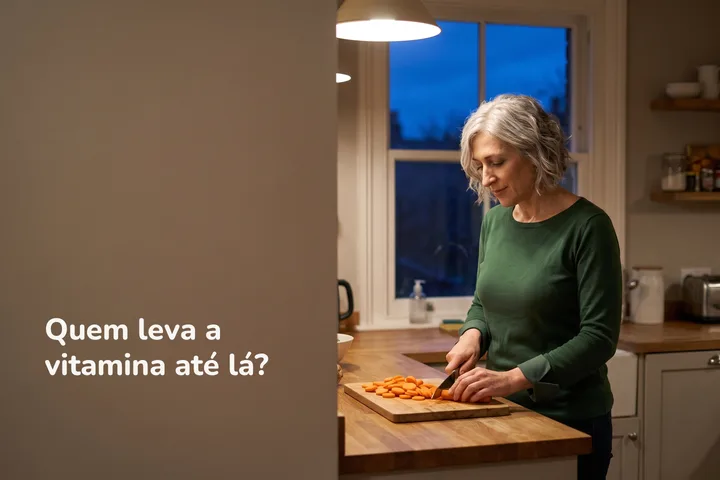 Quem leva a vitamina até lá? — uma mulher corta cenouras na bancada da cozinha sob a luz da noite