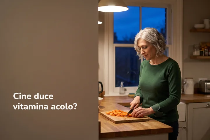 Cine duce vitamina acolo? — o femeie taie morcovi la blatul din bucătărie, sub lampa de seară