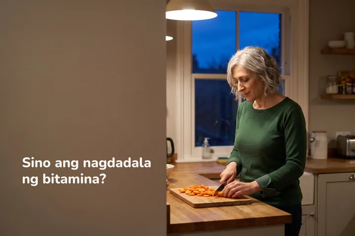Sino ang nagdadala ng bitamina? — isang babaeng naghihiwa ng karot sa lamesa ng kusina sa ilalim ng lampara sa gabi