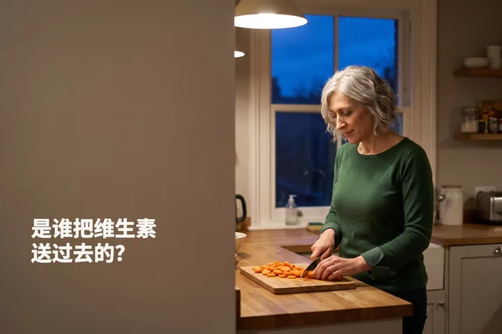 是谁把维生素送过去的? — 一位女性在傍晚的灯下于厨房台面上切胡萝卜