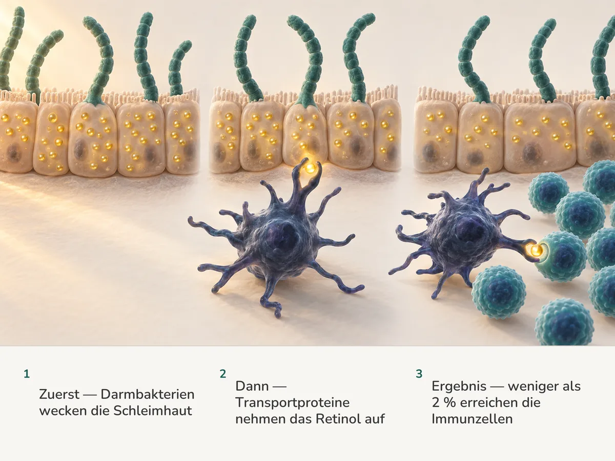 Illustration: segmentierte Bakterien, in der Darmschleimhaut verwurzelt, deren Zellen goldene Vitamin-A-Tropfen halten; ein Tropfen geht an eine verzweigte Immunzelle und weiter an T-Zellen