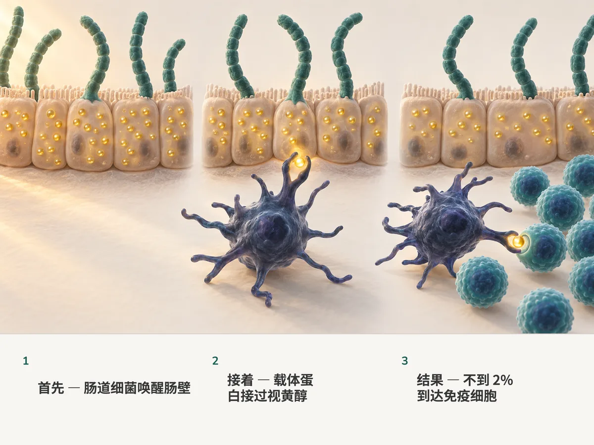 插画:分节的细菌扎根在肠壁上,肠壁细胞里含着金色的维生素 A 液滴;一滴被交给一个分枝的免疫细胞,再往下交给 T 细胞