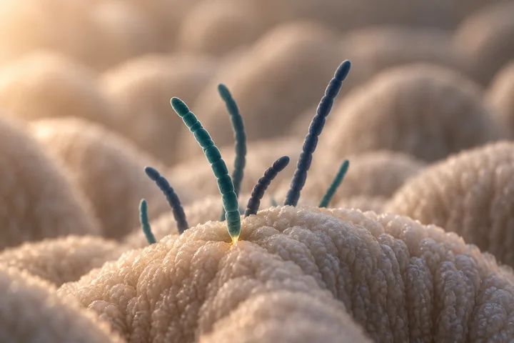 Ilustración: hilos bacterianos segmentados enraizados por sus puntas en un pliegue blando de la mucosa intestinal, con un pequeño destello dorado donde entra uno