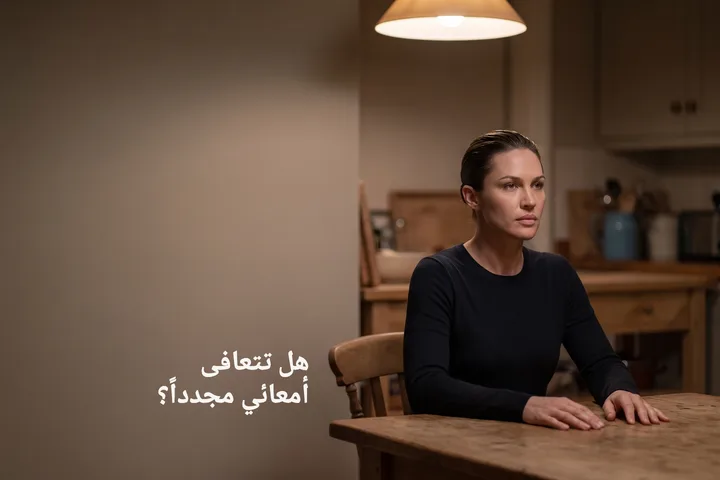 هل تتعافى أمعائي مجدداً؟ — امرأة إلى طاولة مطبخها في وقت متأخر من المساء وقد انتهى العلاج