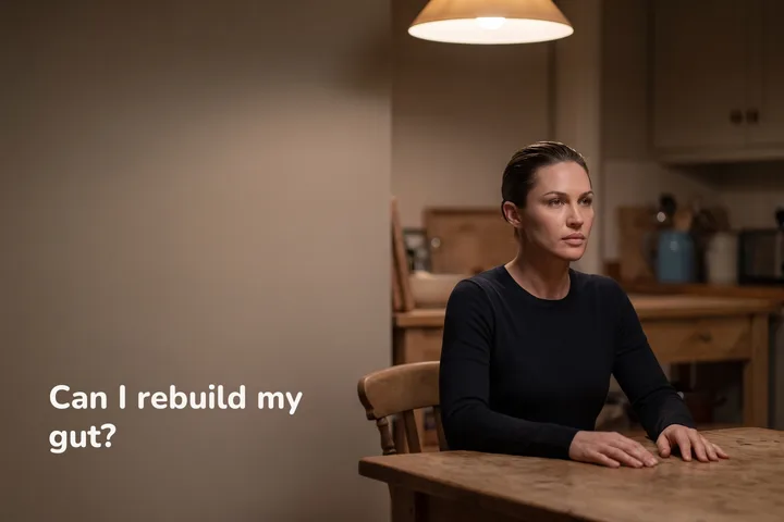 Can I rebuild my gut? — a woman at her kitchen table late in the evening, the course finished