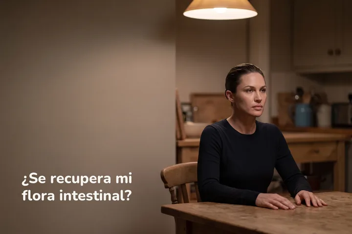 ¿Se recupera mi flora intestinal? — una mujer en la mesa de su cocina ya de noche, terminado el tratamiento