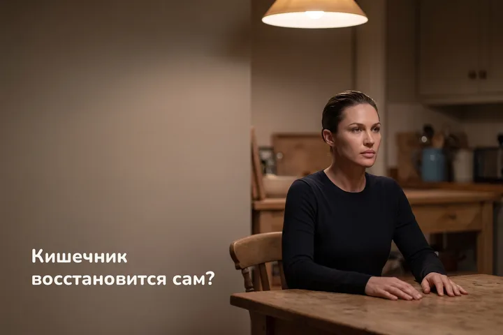 Кишечник восстановится после антибиотиков? — женщина за кухонным столом поздним вечером, курс закончен
