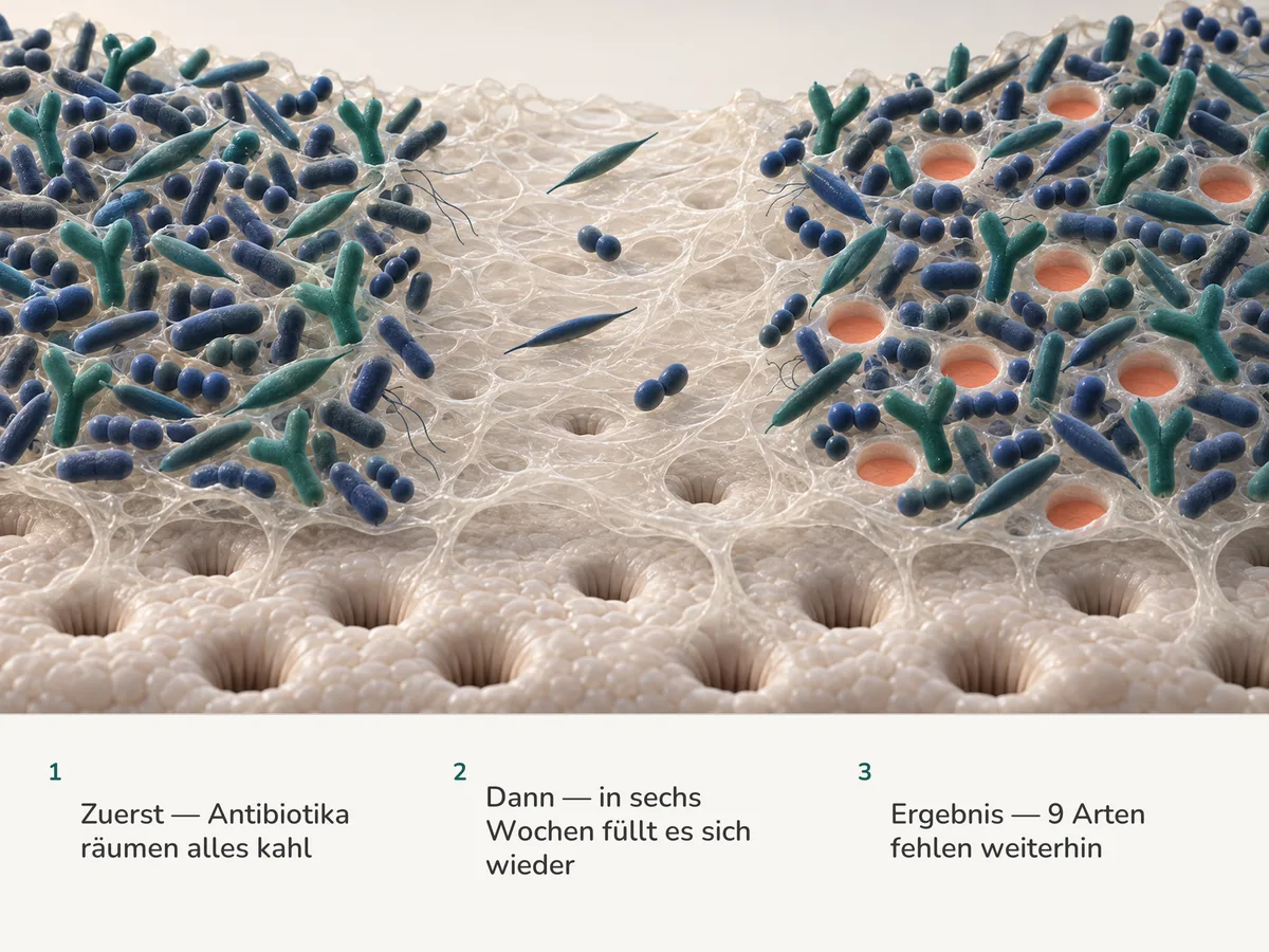 Illustration: eine Darmbakteriengemeinschaft in drei Momenten: dicht besetzt, von Antibiotika fast kahl geräumt, dann wieder dicht — mit neun leer gebliebenen Plätzen