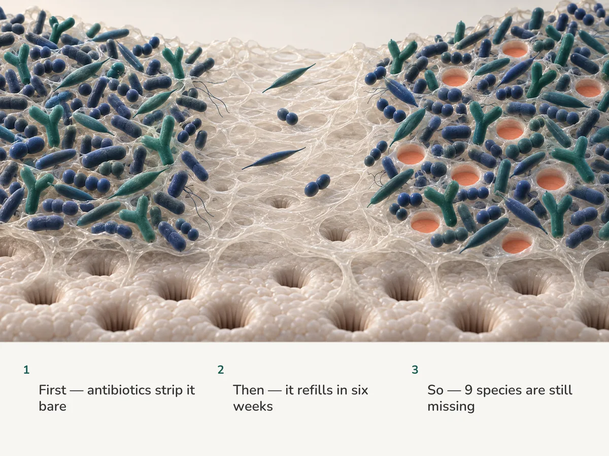 Illustration: a gut bacterial community in three moments: crowded, stripped almost bare by antibiotics, then crowded again with nine places left empty