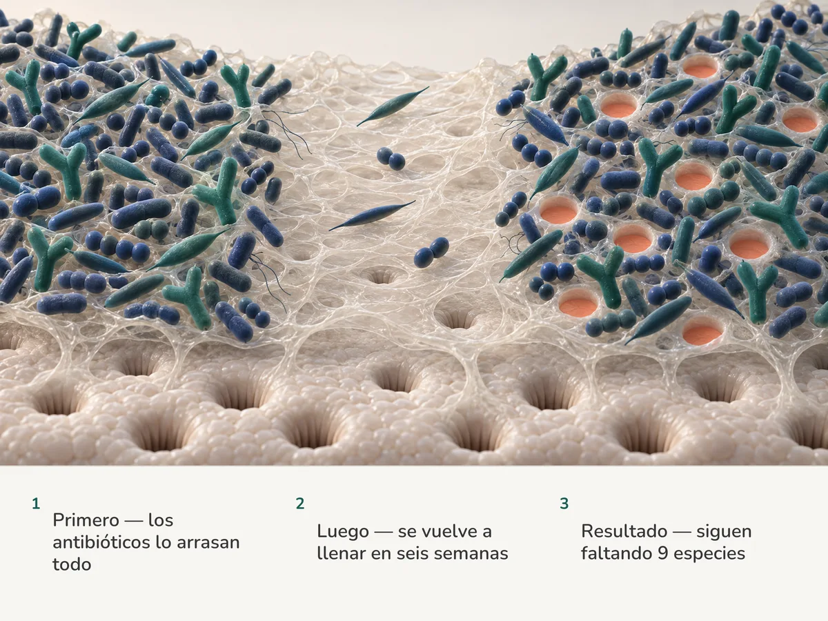 Ilustración: una comunidad de bacterias intestinales en tres momentos: llena, casi arrasada por los antibióticos y llena otra vez, con nueve lugares vacíos