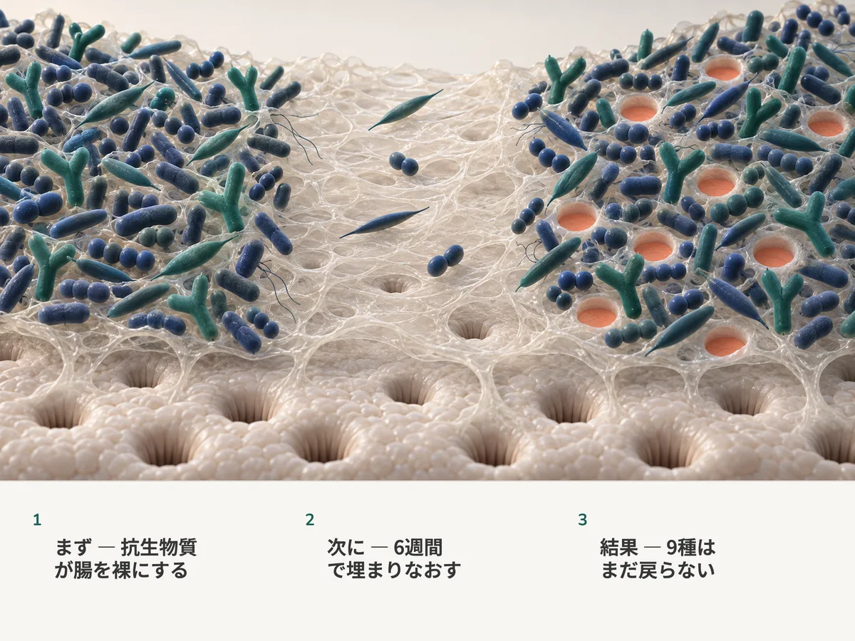 イラスト：腸内細菌の群れの三つの場面。ひしめく状態、抗生物質でほぼ裸にされた状態、そして九か所を空けたまま再びひしめく状態