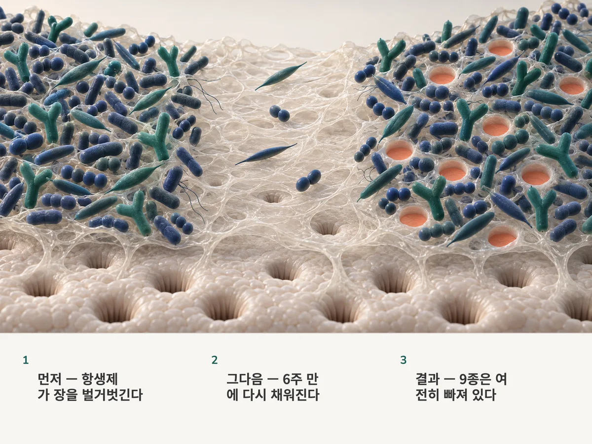 일러스트: 장내 세균 군집의 세 장면 — 빽빽하던 상태, 항생제에 거의 벌거벗겨진 상태, 그리고 아홉 자리가 빈 채 다시 빽빽해진 상태