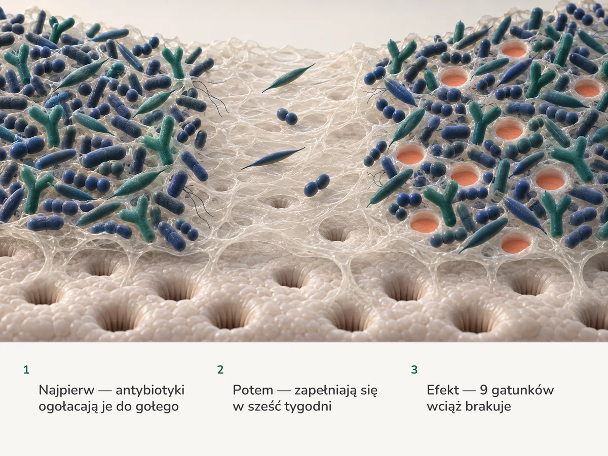 Ilustracja: społeczność bakterii jelitowych w trzech chwilach: zatłoczona, ogołocona przez antybiotyki niemal do gołego, potem znów zatłoczona, z dziewięcioma pustymi miejscami